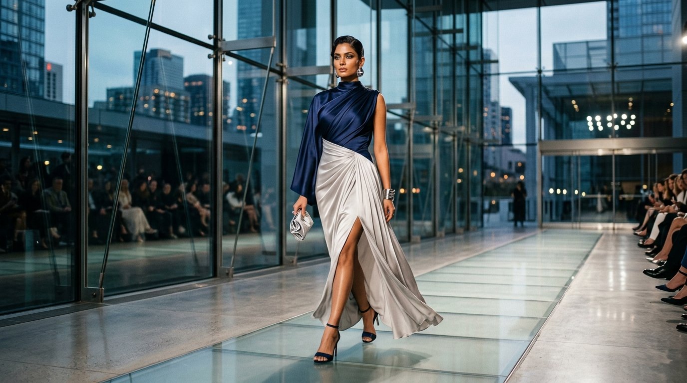Trendy Indian Model in ELPENO Contemporary Evening Drape